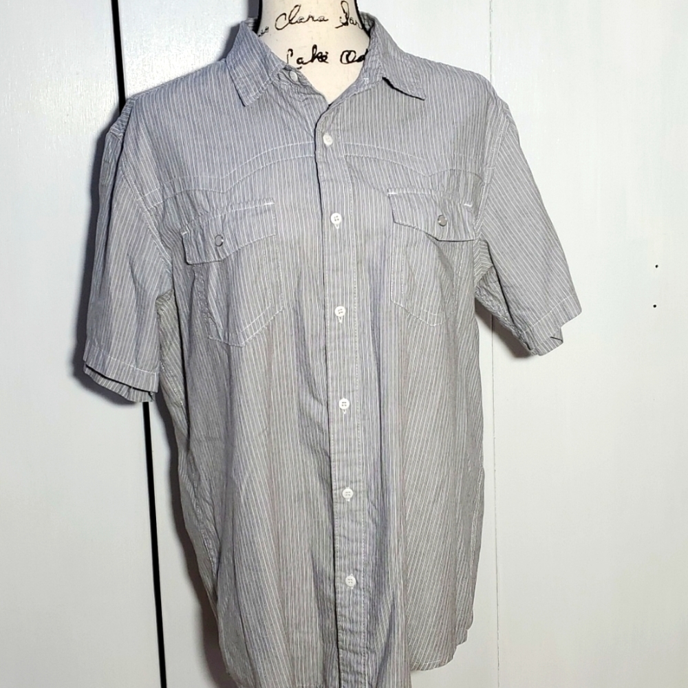 Machine| Mens Pinstripe Button Down Gray/White Dress Shirt Pearl Snaps Sz.Large
